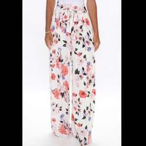Wide leg floral tie waist dress pants